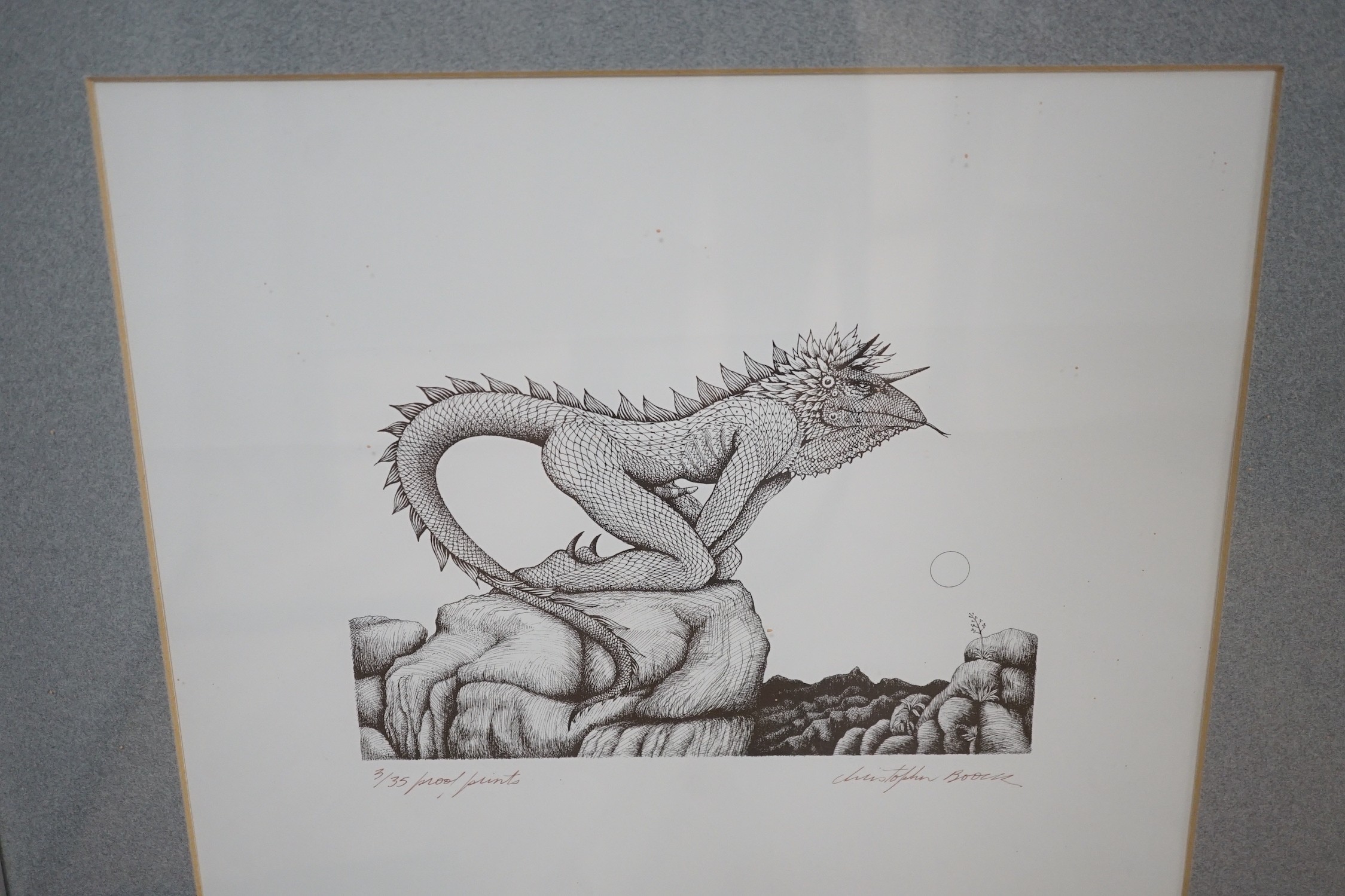 Christopher Boock (b.1947), two artist proof prints, 'Huntsman in a landscape' and 'Lizard man', signed and numbered 3/35, overall 30 x 26cm and 28 x 30cm